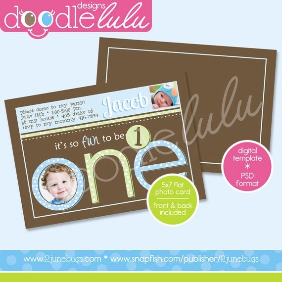 INSTANT DOWNLOAD Printable 5x7 One Year Boys Blue Green & Brown Photo Card Birthday Invitation Template - from Doodlelulu by 2 june bugs Il_570xn