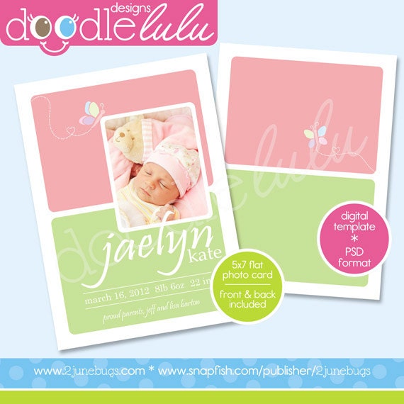 INSTANT DOWNLOAD Printable 5x7 Butterfly Pink & Green Baby Photo Card Birth Announcement Template - Design from DOODLELULU by 2 june bugs Il_570xn