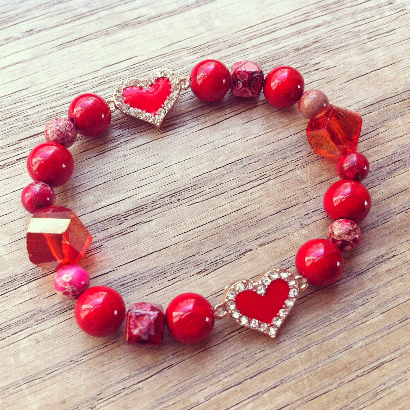 Red Beaded Hearts Bracelet - 14k Gold Toned Rhinestone Hearts & Gemstones