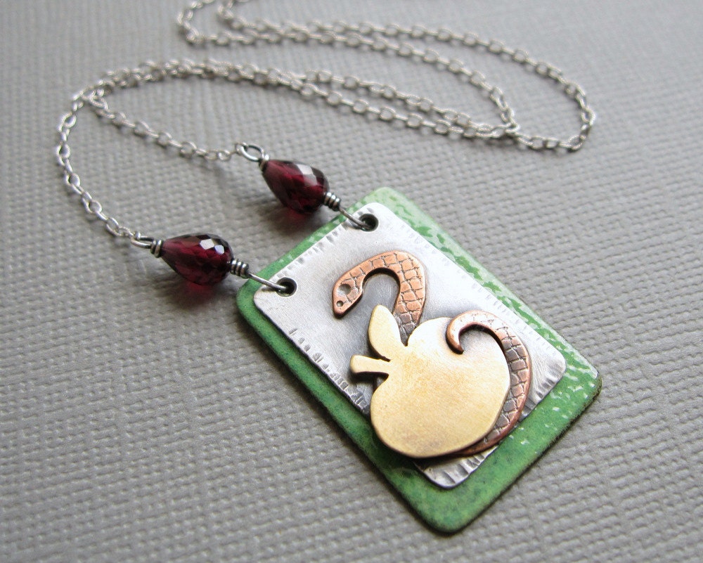 Green Enamel Snake Necklace Red Garnet Forbidden Fruit