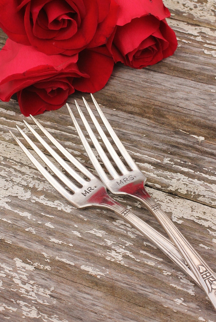 Mr. and Mrs. Forks Shabby Wedding Forks 1934 - Encore. Hand Stamped Wedding Table Setting - Boho