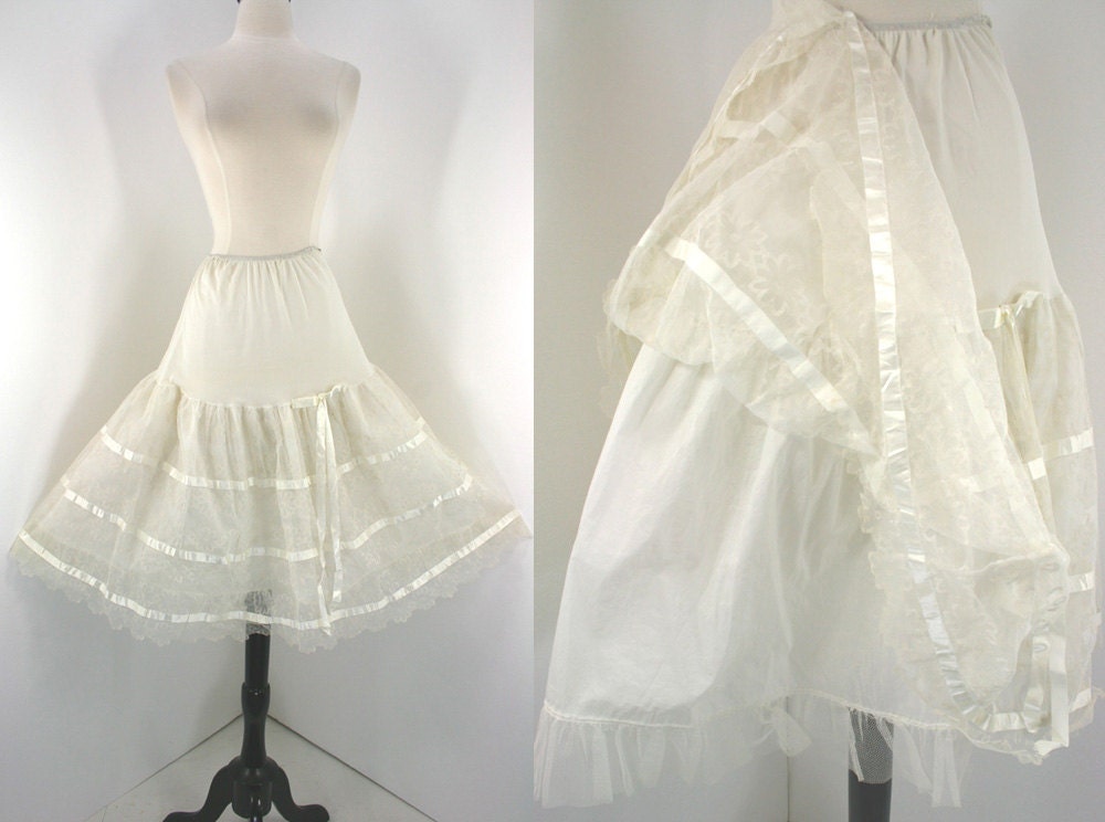 50s Petticoat Vintage Crinoline Cream White 2 Layers Satin Ribbon Flocked Netting Tulle Taffeta Under Dress Skirt 1950s Crinoline Petticoats