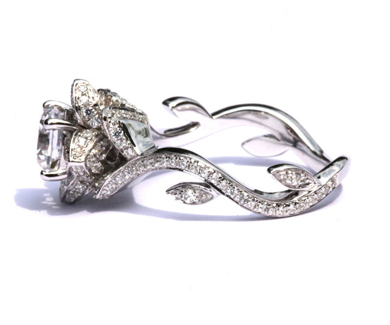 BLOOMING Work Of Art - Flower Rose Lotus Diamond Engagement or Right Hand Ring - Reserved - 14K white gold - fL07