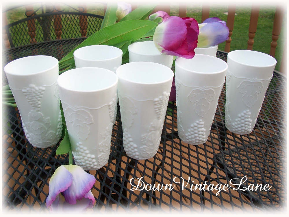 8 Milk Glass Grapevine Glasses Vintage Great Condition