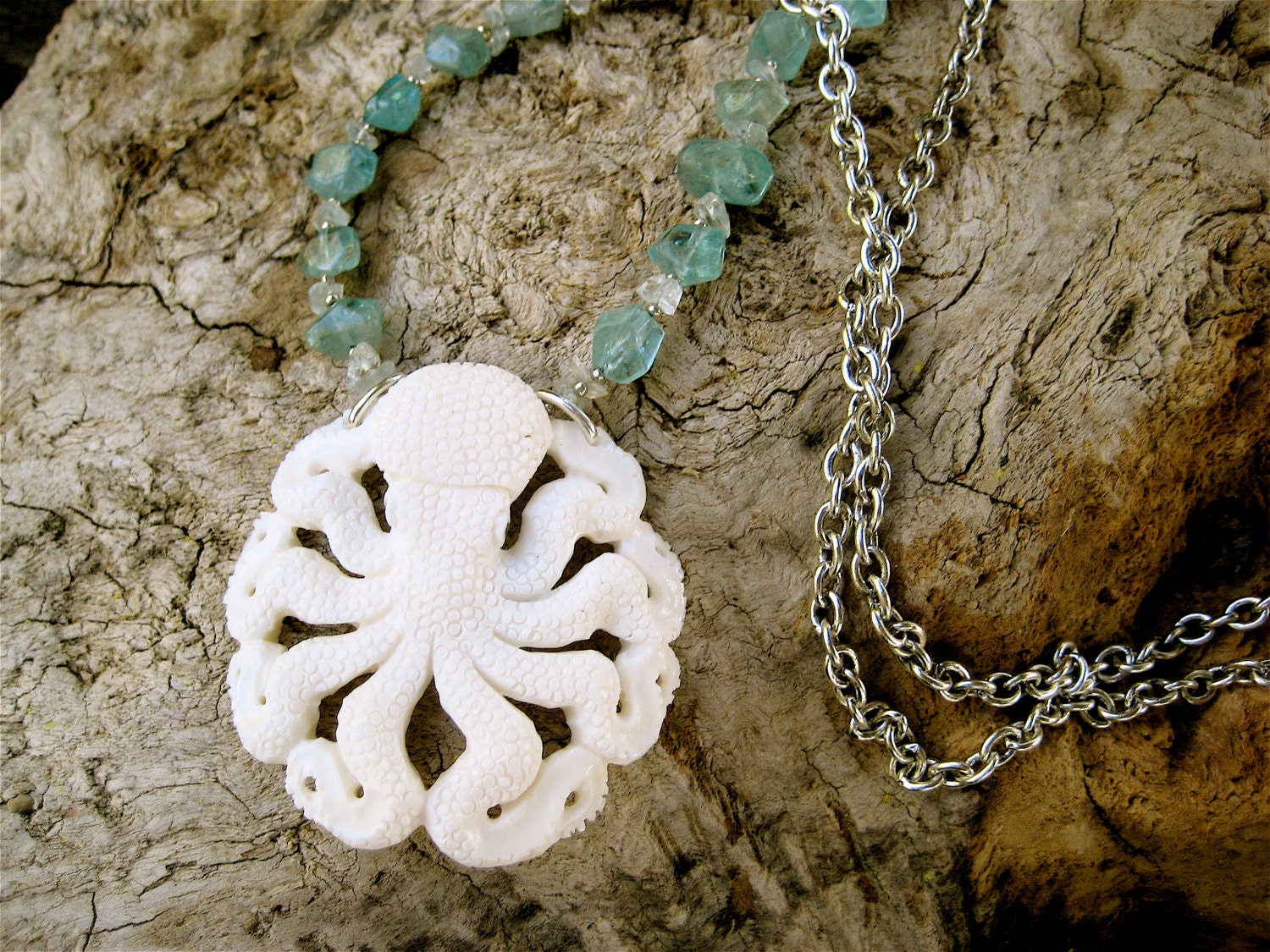 Carved White Octopus Necklace Ornate Pendant with Aqua Blue Apatite Nuggets on Silver Chain Artisan Jewelry