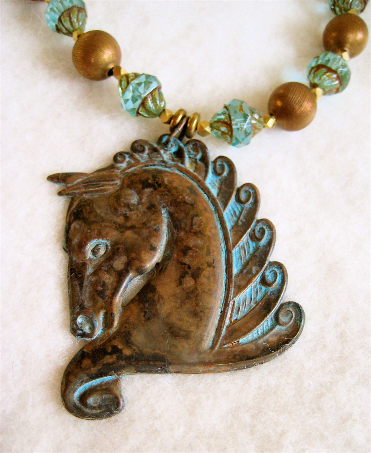 Art Deco Horse Pendant Necklace with Vintage Verdigris Brass Horse and Aqua Czech Glass on Brass Chain