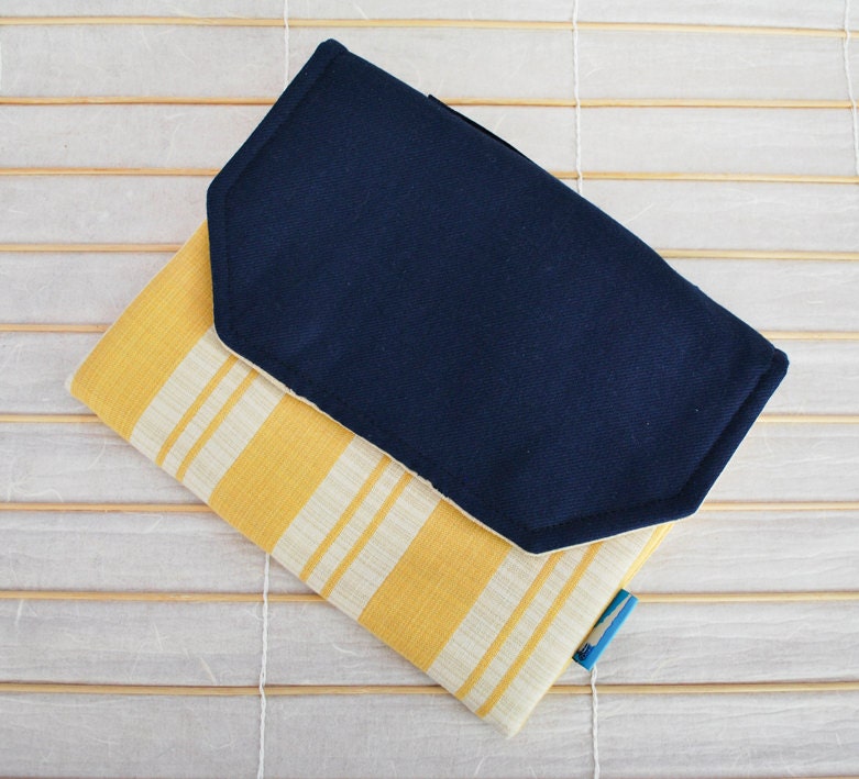 iPad / eReader / Tablet Padded Sleeve - Yellow Nautical Stripe with Navy Blue (Upcycled Fabric)