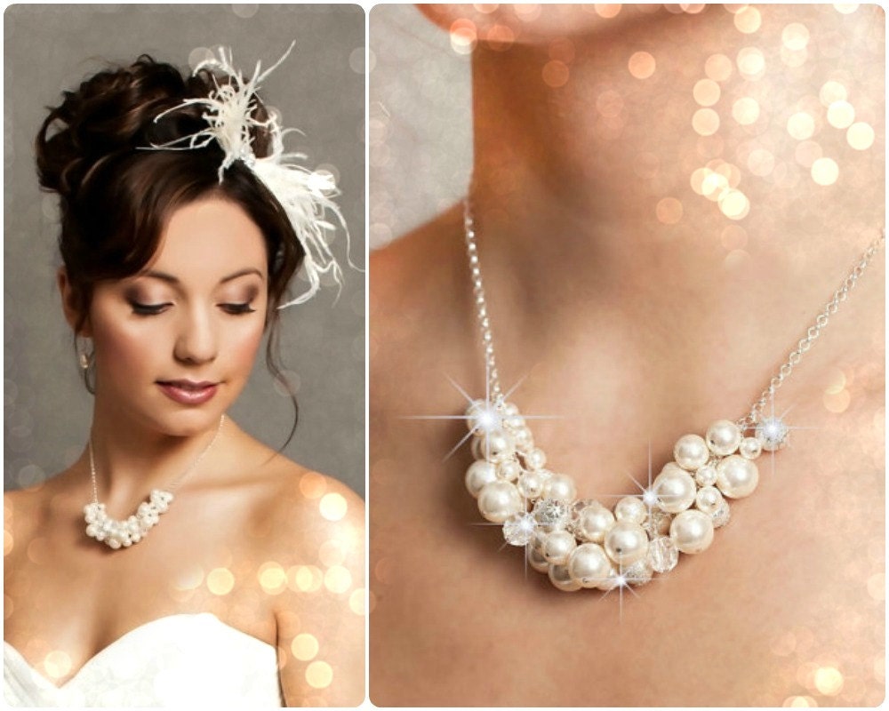 Chunky Bridal Necklace, Statement Bridal Necklace, Crystal and Pearl Bridal Jewelry, Cluster Necklace