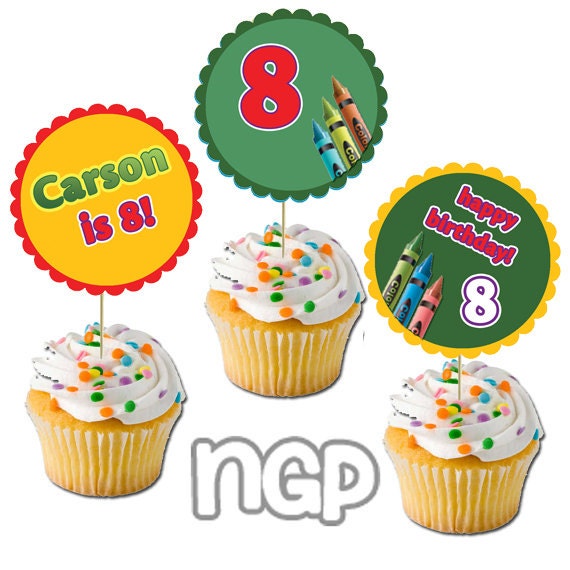 Printable Kids Crayon Crayola Birthday Cupcake Toppers Digital File