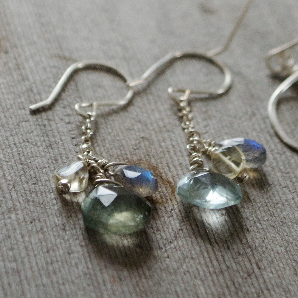 EARRINGS - Moss Aquamarine, Labradorite, & Lemon Quartz with hand forged Sterling Silver Earwires