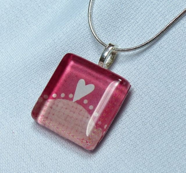 Valentine Pendant White Heart, Heart Pendant, Dark Pink Valentines Jewelry, Valentines Pendant