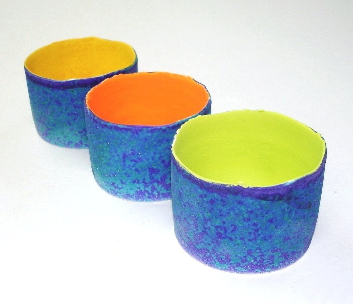 3 Ceramic Votive Eco friendly candle holder, ring holder, handmade pottery, Spring home decor Colorful Bright Modern Wedding Favor