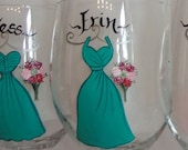Hand Painted Personalized  Bridesmaid Dress Wine Glasses - CUSTOM DRESS STYLE and Color
