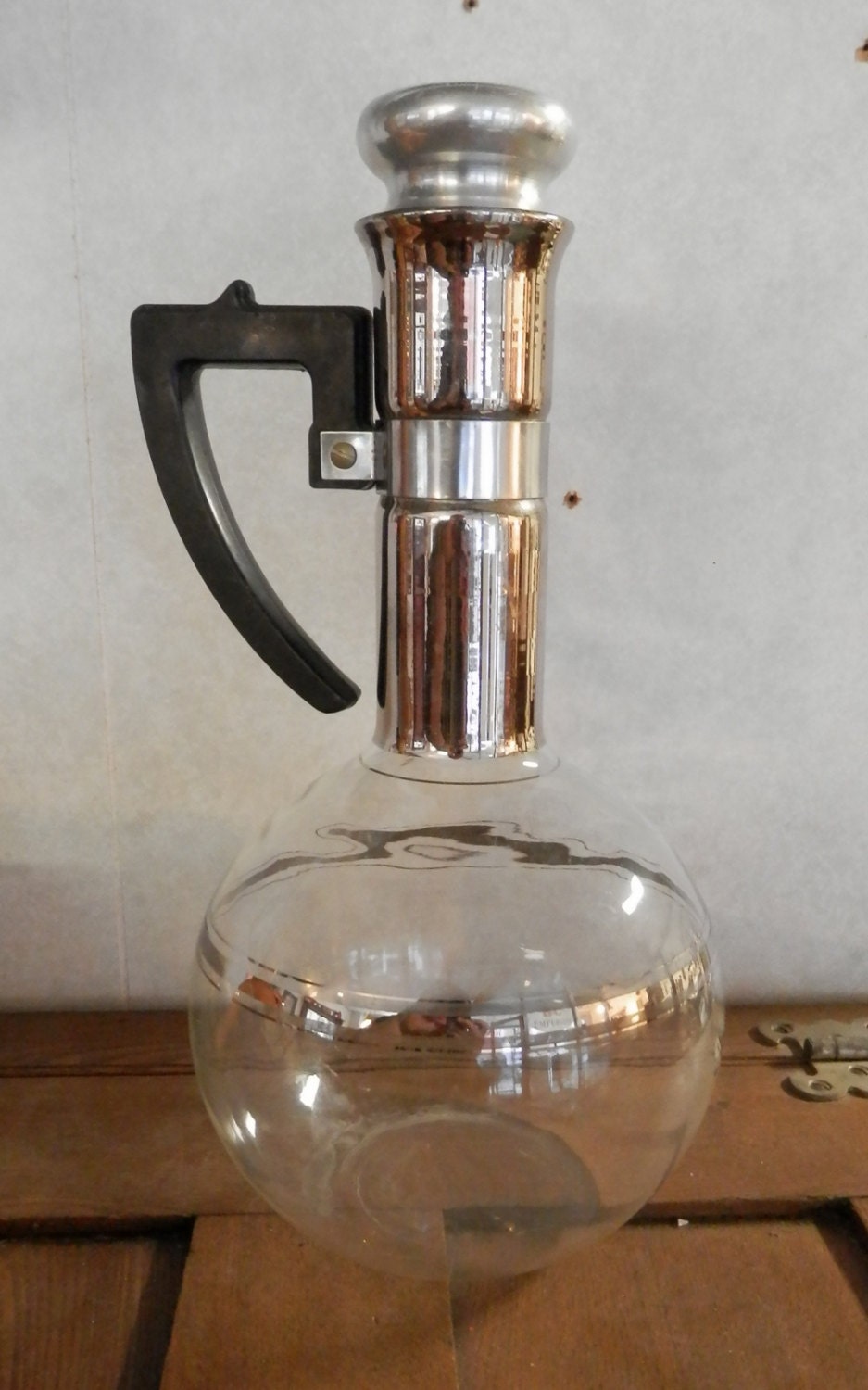 Mid century modern, mad men, pyrex glass with silver ring and stopper carfe