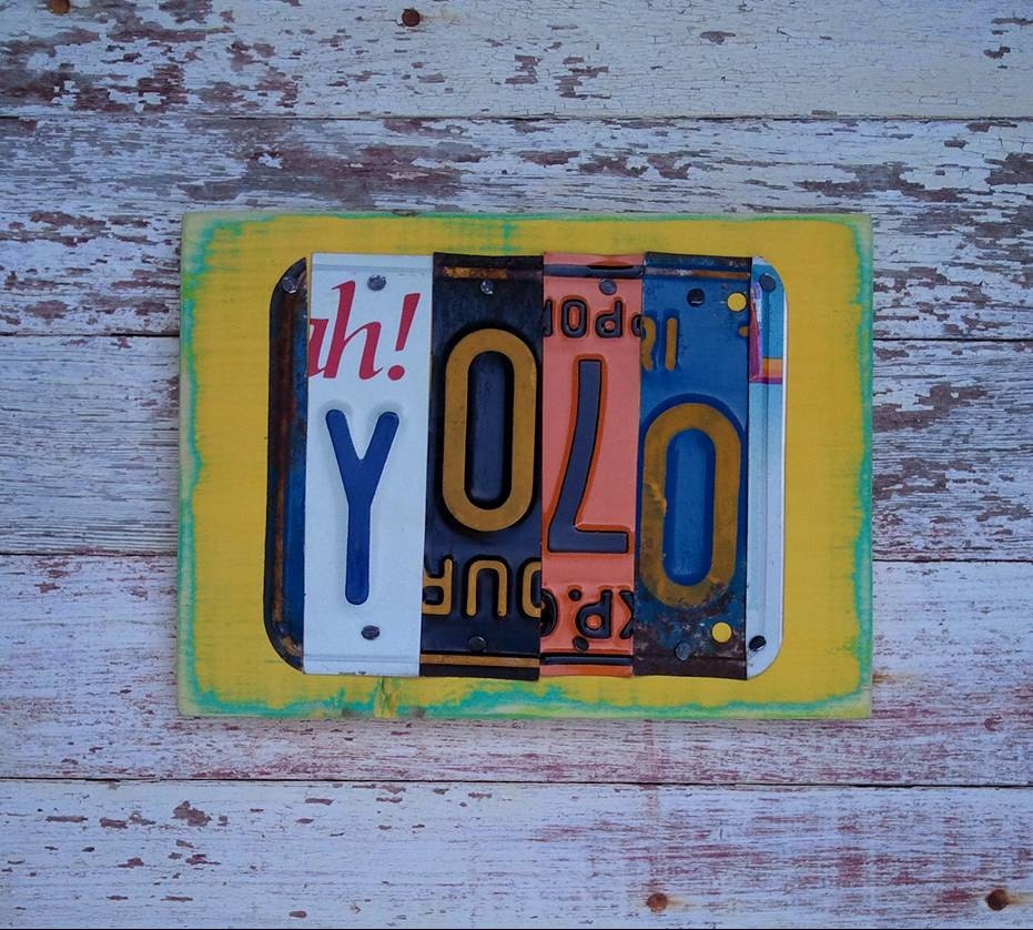 YOLO Yellow Orange Red Aqua Surfer Beach Word Block Sign Custom Funky States License Plate Art Recycled