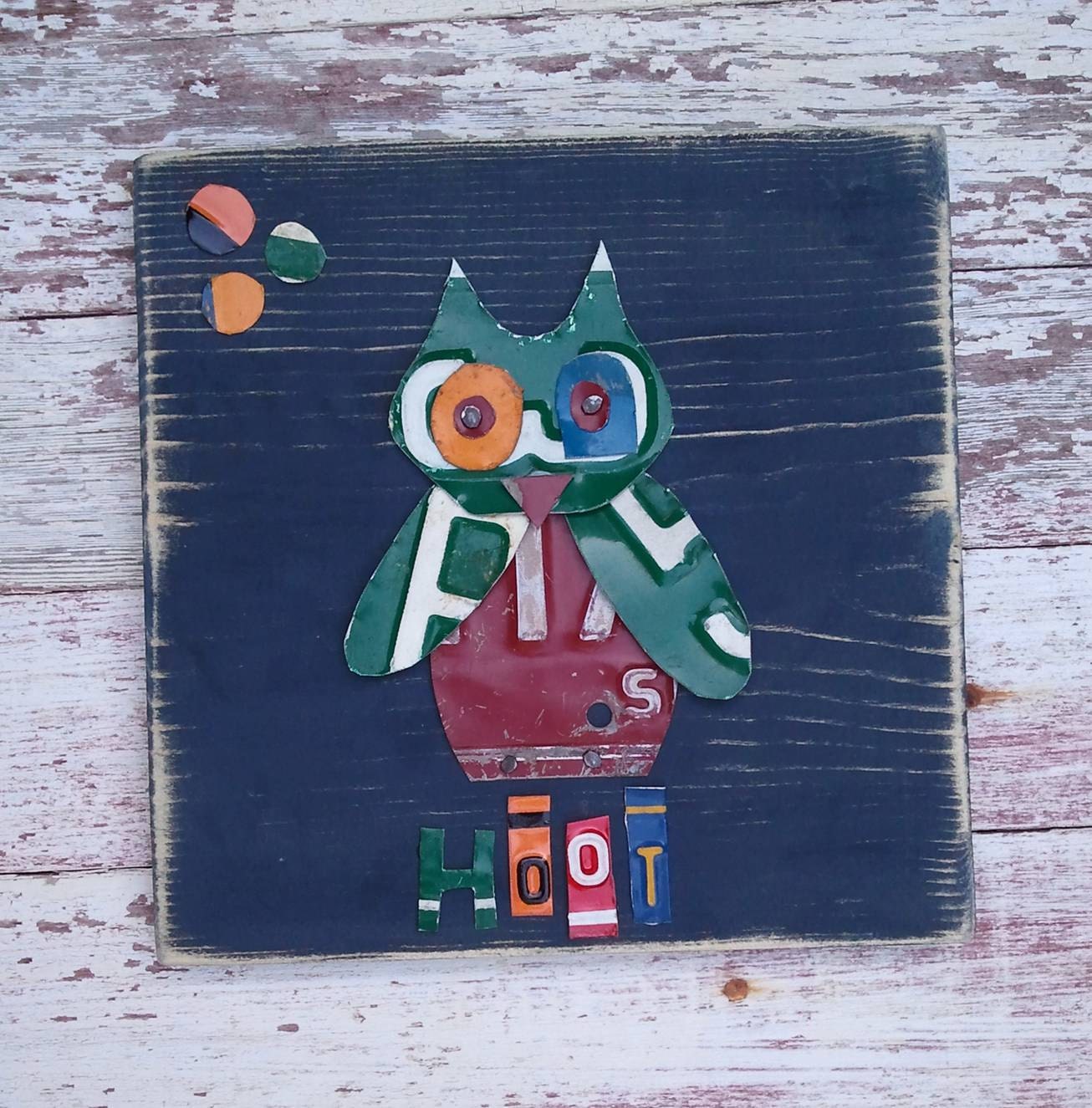 Funky Green Maroon Orange Hoot Owl on Navy with circles Woodlands Nursery Girl Boy Toddler Animal Custom License Plate Art Recycled States