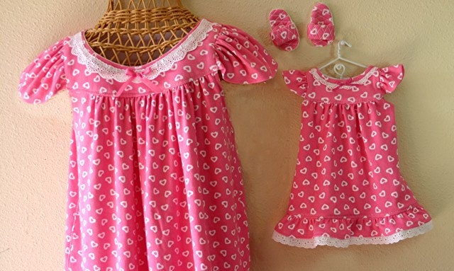 Summer Nightgowns Size 4, Size 6, Girls, 100% Cotton Knit  Interlock, Matching Amer Girl Doll Nightgown/Slippers, Pink Hearts, READY to SHIP
