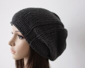 Hand Knit Hat, Women s Slouchy Beanie Hat, Men s Hat Gray