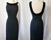 Sexy 1950's black knit wiggle cocktail dress with rhinestones and plunging back with velvet trim vixen bombshell - size Medium to Large