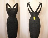 Sexy 1950's Dead Stock black rayon crepe hand beaded cocktail wiggle party dress with cutouts vlv rockabilly bombshell - size Small