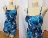 Sexy 1950's / 1960's Hawaiian Aqua Blue Cotton Print Playsuit Romper Tiki Pin Up Girl Pool Party - Size Medium - Large