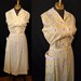 Sweet 1940's  XL pale yellow plaid cotton house day dress with tiny brown palm tree print vlv rockabilly WW2 pin up girl - size Large