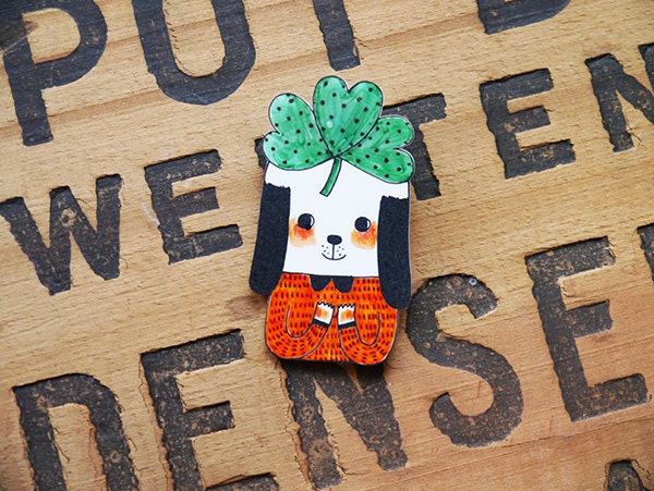 Dog with Three Leaf Clover - Shrink Plastic Brooch