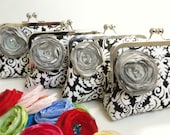Damask clutch, Wedding Party - Maid of Honor Gift - Bridal Clutch,  black and white wedding, wedding purse, fabric flower, free shipping