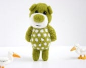 Green felted miniature pocket bear with white polka dots