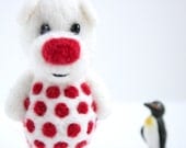 White pocket  bear with red polka dotts