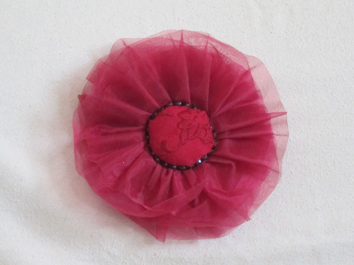 Handmade Fabric Flower Brooch - Claret Red Large Flower with Embroidered Silk and Organza Pin