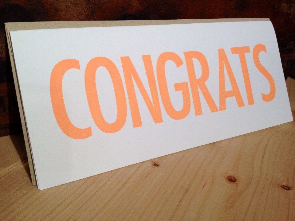 Congrats: Bright orange hand stamped rectangular greeting card by kbatty