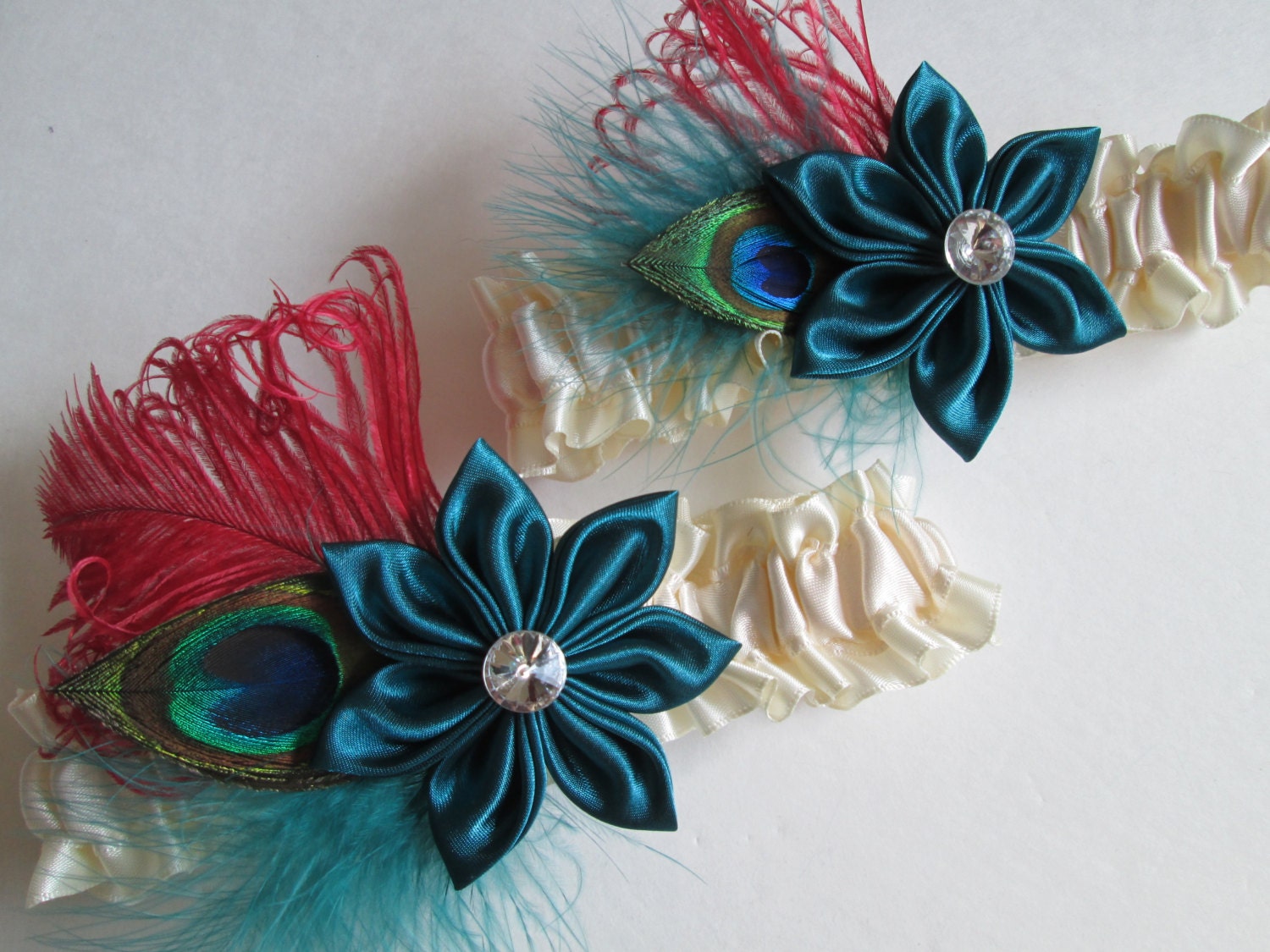 Bridal Wedding Garters, Ivory Satin Garters,Teal Garters, Peacock Garters, Red/Teal Green Feathers, Rustic Wedding Garters