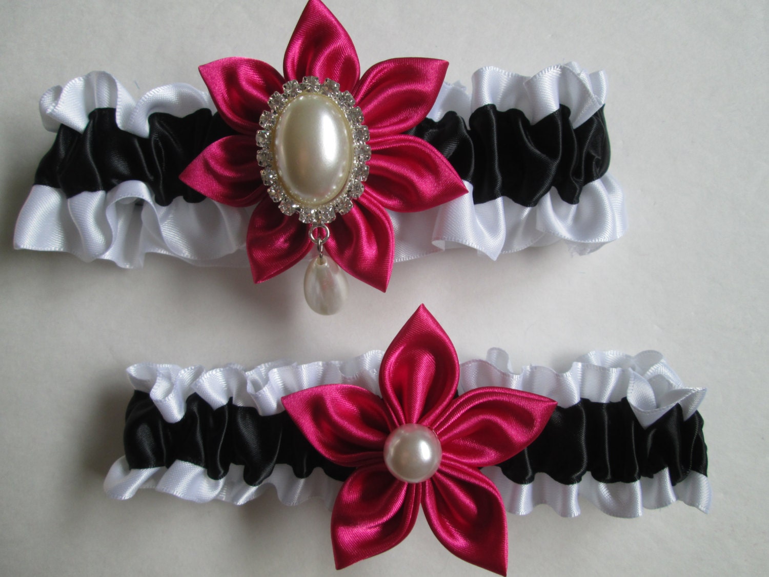 Bride's Wedding Garters, Hot Pink Prom Garters, Black & White Satin Garters, Pearled Garters, Rhinestone Garters, Fuchsia Pink Garters