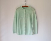 Pointelle Cardigan Sweater ... Vintage 60s Mint Green Open Knit Sweater ... Medium / Large
