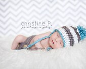 Newborn Photo Prop Crochet Earflap Hat, Stripes, Baby Boy, Grey - Sizes NEWBORN TO 12 MONTHS   (additional colors)