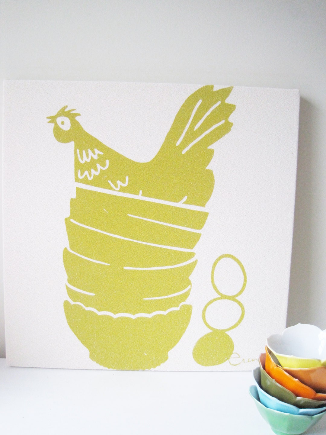 Yellow Hen Chicken in Vintage Stacked Bowls, 19" Square Framed Art, Stretched Cotton Bark Cloth on Wooden Frame, Silk Screen Print