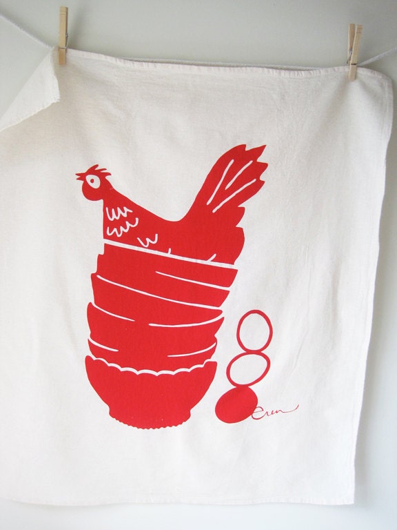 Lux Flour Sack Tea Towel, Hen, Chicken in Red, thick, luxuriously absorbant hand drawn by erin flett