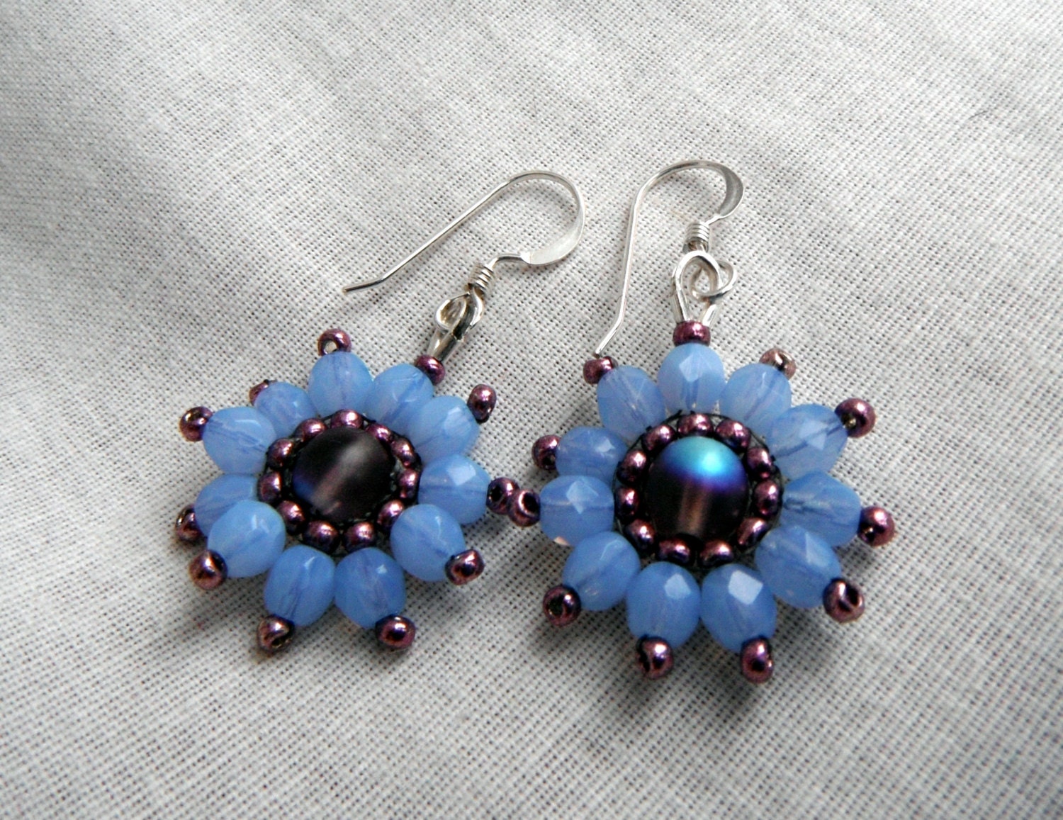 Sky Blue and Eggplant Flower Beaded Earrings