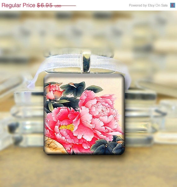 SALE Handmade Vintage Pink Flowers Glass Tile Pendant Necklace
