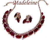 Vintage Necklace and Earrings Set Red Rhinestone & AB MADELEINE Demi Parure