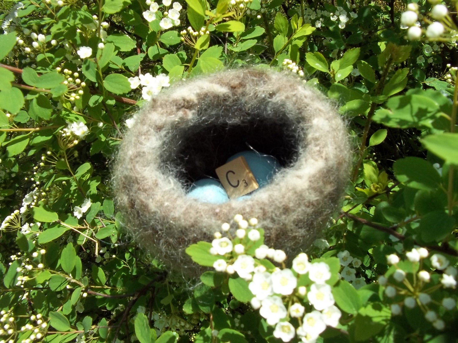 Felted Wool Bird Nest with Paper Mache Eggs