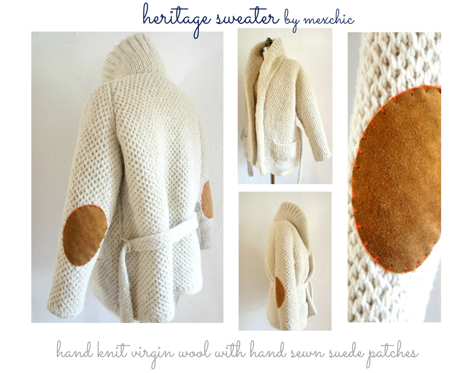 HERITAGE  SWEATER Hand Knit Virgin Wool Fisherman Roll Neck Cardigan Sweater ((Size XL))