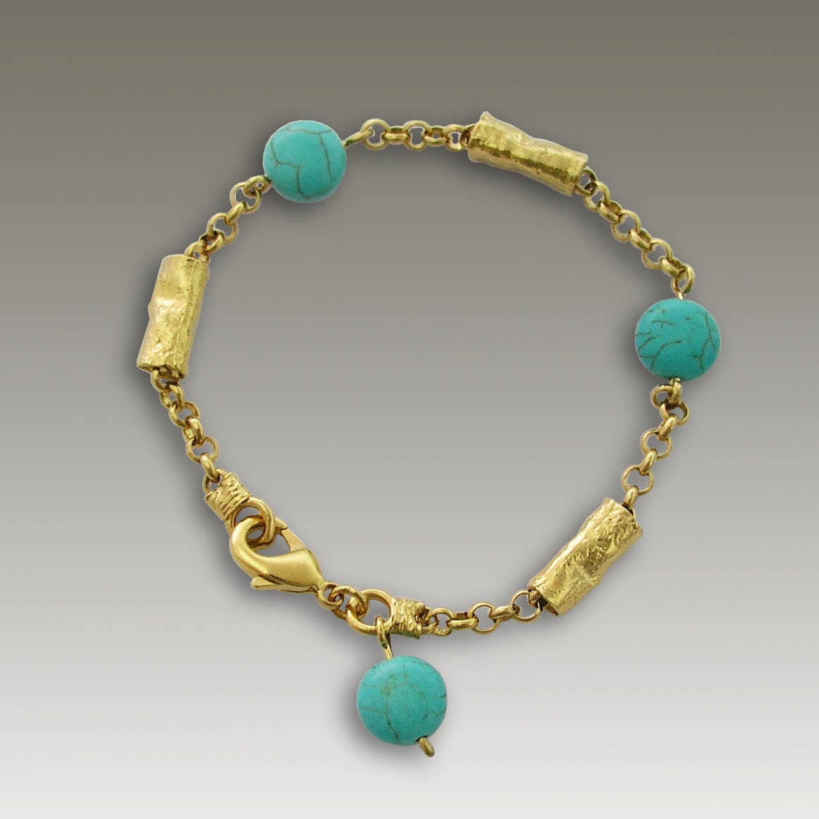 24k plated gold bracelet with round Turquoise Stones -Undersea Voyage