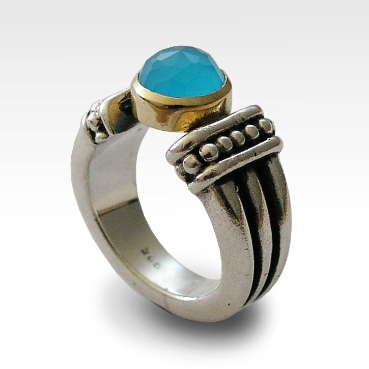 Sterling silver and yellow gold ring, oxidized ring with rose cut blue quartz  gemstone, Two tone ring - Precious time.