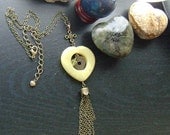 Olivine Jade Hollow Heart Necklace w/ Lemon Jade Heart Asian Charm on Brass- Duplicate of Press Gift at 2012 MTV Awards