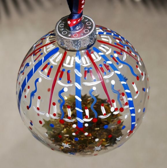 Hand Painted Patriotic Fireworks Red White and Blue Glass Ornament