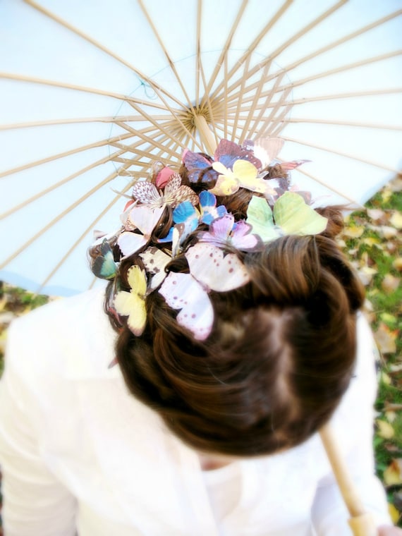 THREE handmade silk butterfly hair clips . the butterfly house . your choice . whimsical and enchanting