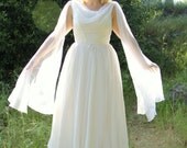 Vintage 50s Silk Chiffon White Wedding Dress Grecian Goddess with Angel Scarf Sleeves and Cowl Neckline Ruched Bodice M L