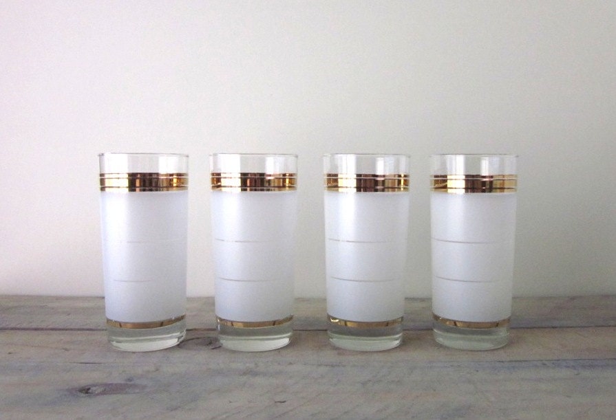 Frosted and Gold Trim Highball Glasses Set of Four Barware Tumblers